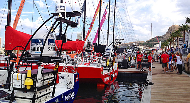 Volvo Ocean Race vessels lined up in dock at Alicante