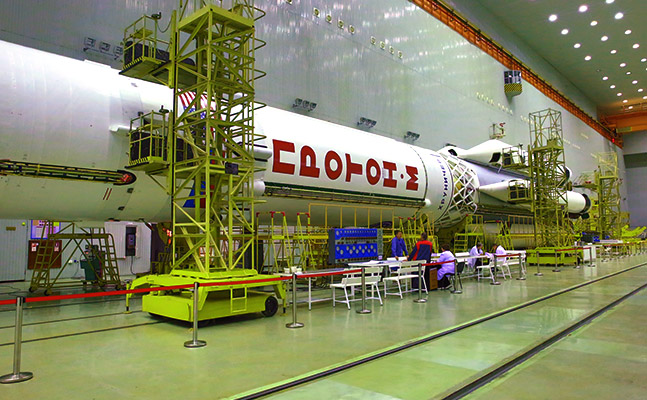 Proton M rocket on its side in the hanger 