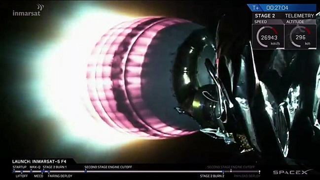 Second stage engine burn prior to second stage engine cut-off and Inmarsat-5 F4 satellite deployment.