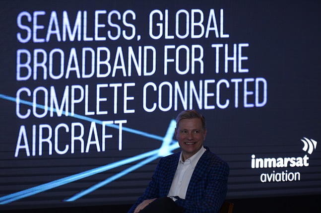 Leo Mondale, Inmarsat Aviation President, announces the go-live of GX Aviation during an evening reception hosted by Inmarsat on the rooftop of Marina Bay Sands, Singapore