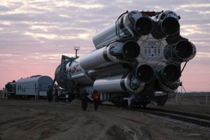 The Proton M rocket is pictured carrying the Inmarsat-5 F1 satellite for fuelling in preparation for launch on 8 December.