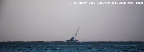 Team Vestas Wind boat grounded on a reef in the Indian Ocean