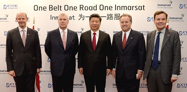 From left to right: Rupert Pearce, CEO of Inmarsat, HRH The Duke of York, President Xi Jinping, Andy Sukawaty, Chairman of Inmarsat, Rt Hon Greg Hands MP, Chief Secretary to the Treasury