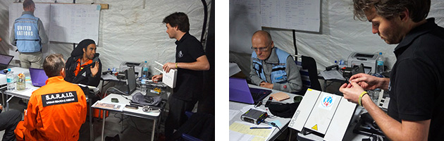 Collage of TSF personnel setting up operations base using Inmarsat supplied equipment 