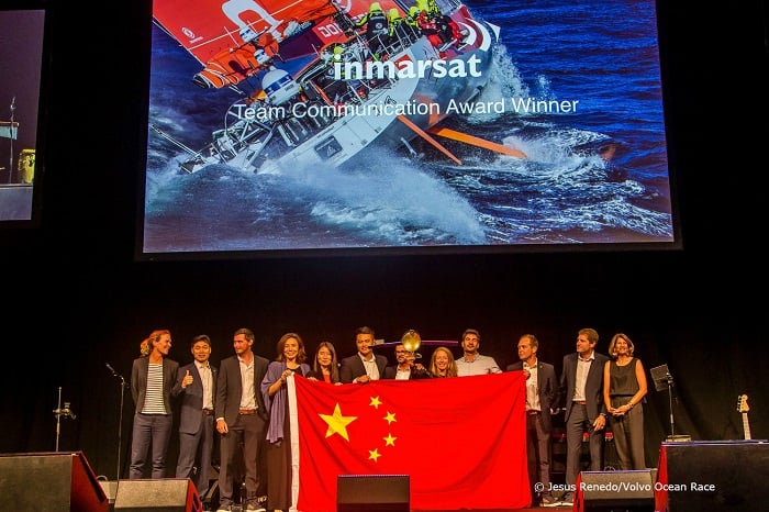 Dongfeng Race Team collects its Inmarsat Team Communication Award. Photo: Jesus Renedo/Volvo Ocean Race