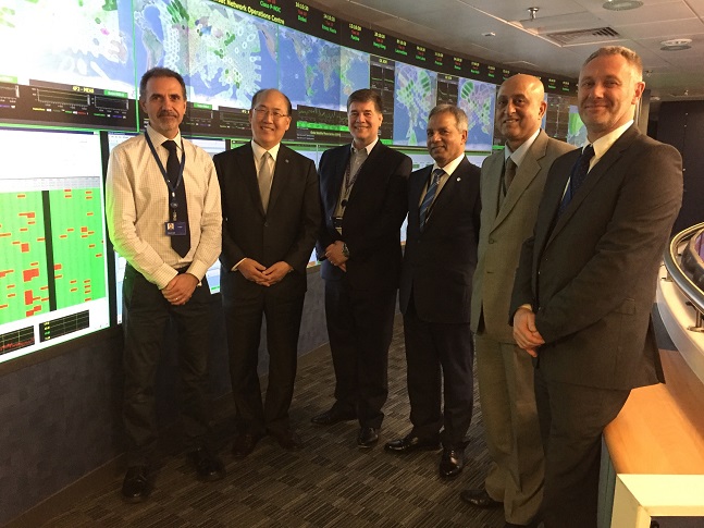 Pictured in the Inmarsat Network Operations Centre, from left to right, are: Claudio Galli, Director, Inmarsat Global Service Operations; Kitack Lim, Secretary-General, IMO; Ronald Spithout, President, Inmarsat Maritime; Captain Moin Ahmed, Director General, IMSO; Ashok Mahapatra, Safety Division Director, IMO & Peter Broadhurst, SVP of Safety and Security, Inmarsat Maritime.