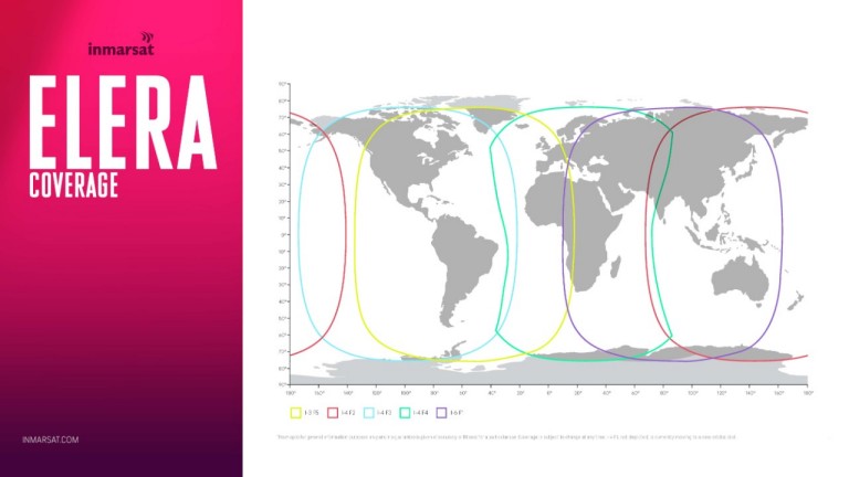 World map with the coverage of the L-band Inmarsat satellites