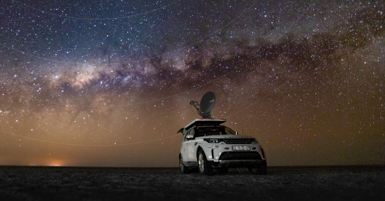 Land Rover with satellite terminal mounted to roof