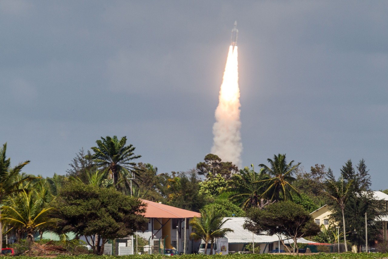 An Ariane 5 space rocket with a payload of four Galileo satellites lifts off from ESA's European Spaceport in Kourou, French Guiana, on November 17, 2016. Ariane 5 successfully launched on November 17 four satellites which will be part of the Galileo global satellite navigation system. / AFP / jody amiet        (Photo credit should read JODY AMIET/AFP/Getty Images)