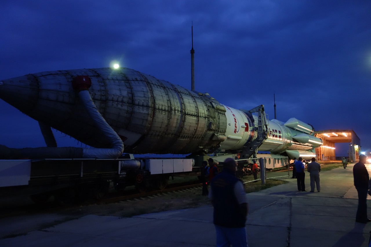Front view of the Proton-M rocket being moved to the launch site with GX3 encapsulated and mated, ready to be launched.