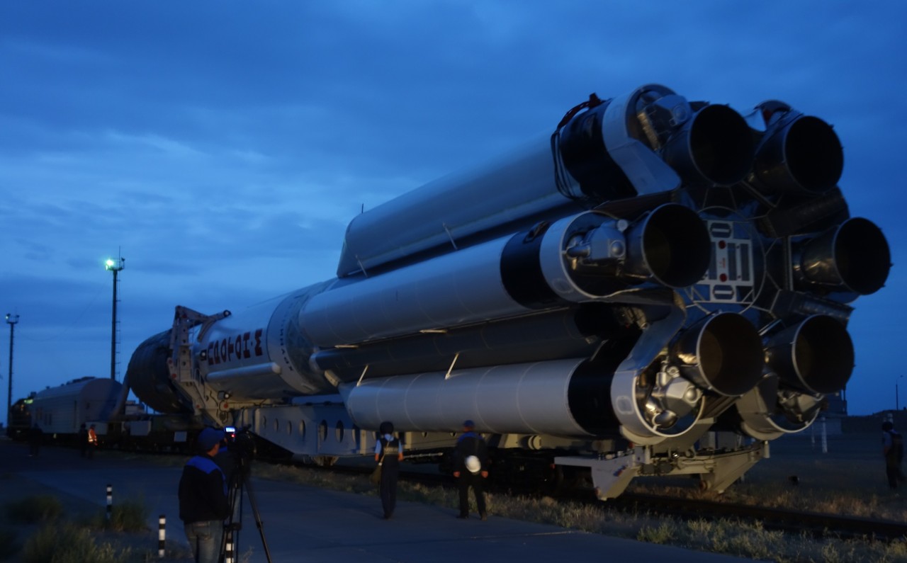 Rear shot of the Proton-M rocket being moved to the launch site