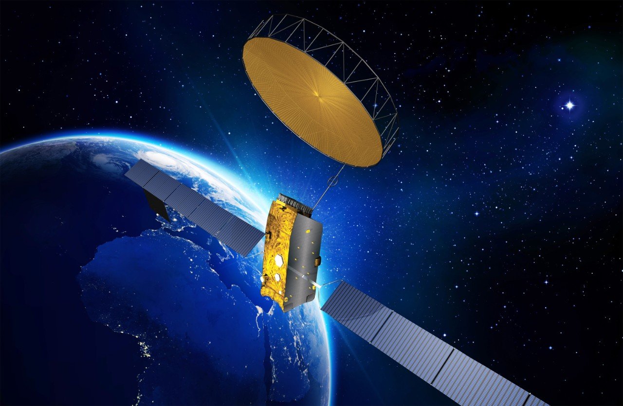 Illustration of an Inmarsat-4 satellite in space flying over Earth