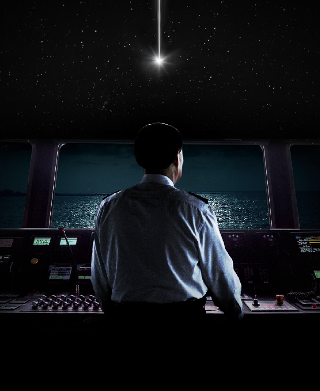 Stylised image showing a ships captain on the bridge of his vessel with a star filled sky above