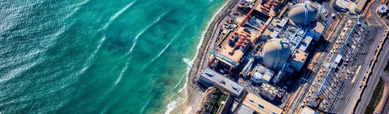 Overhead view of a coastal energy facility