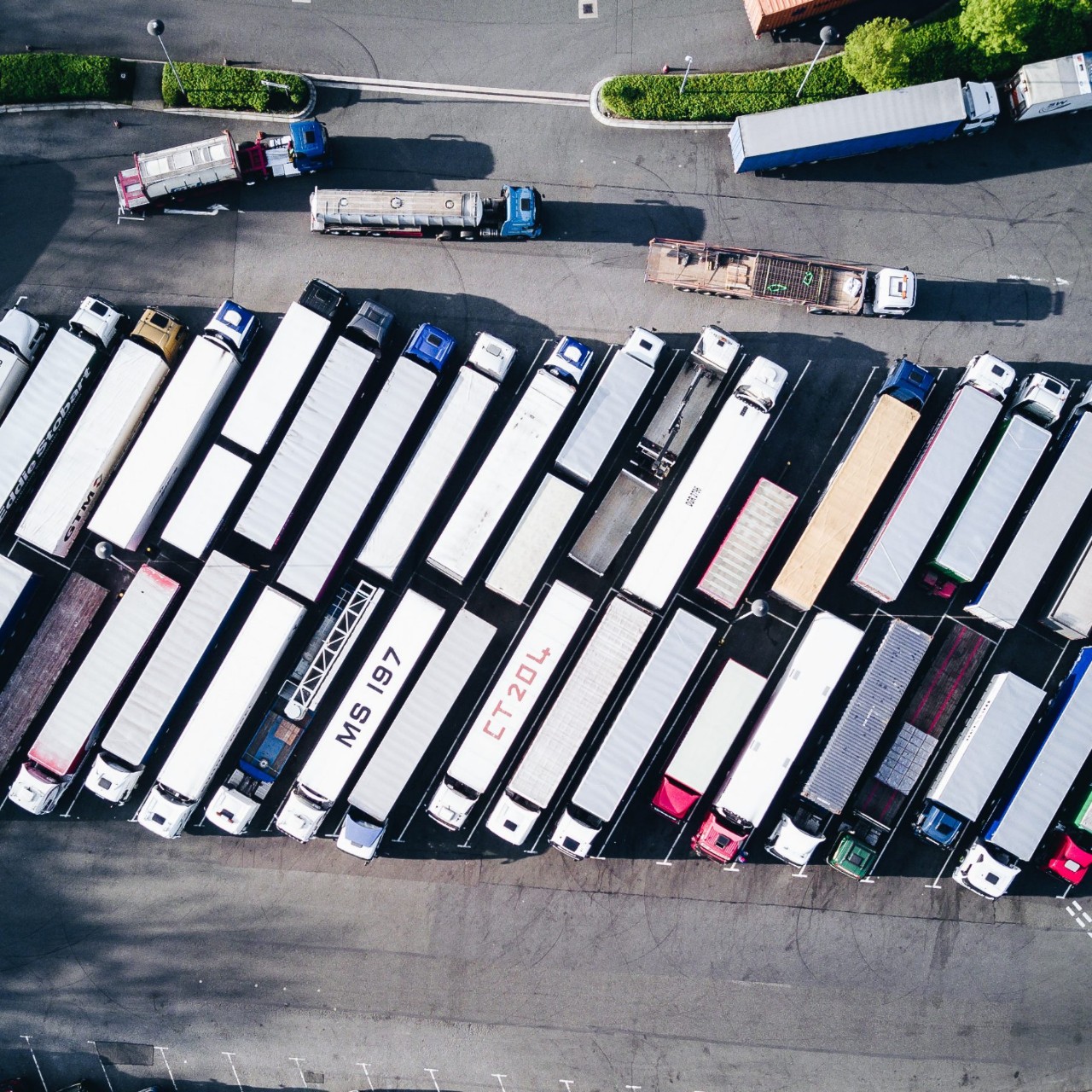 Lorries at motorway rest area in car park