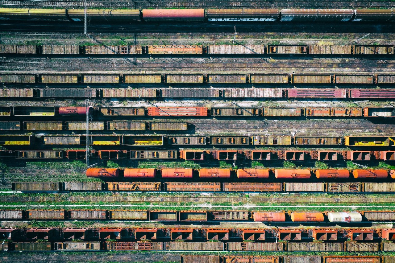 Overhead of rail waggons in marshalling yard