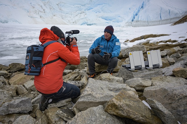 Lewis Pugh broadcasting via Inmarsat BGAN from Antarctica.