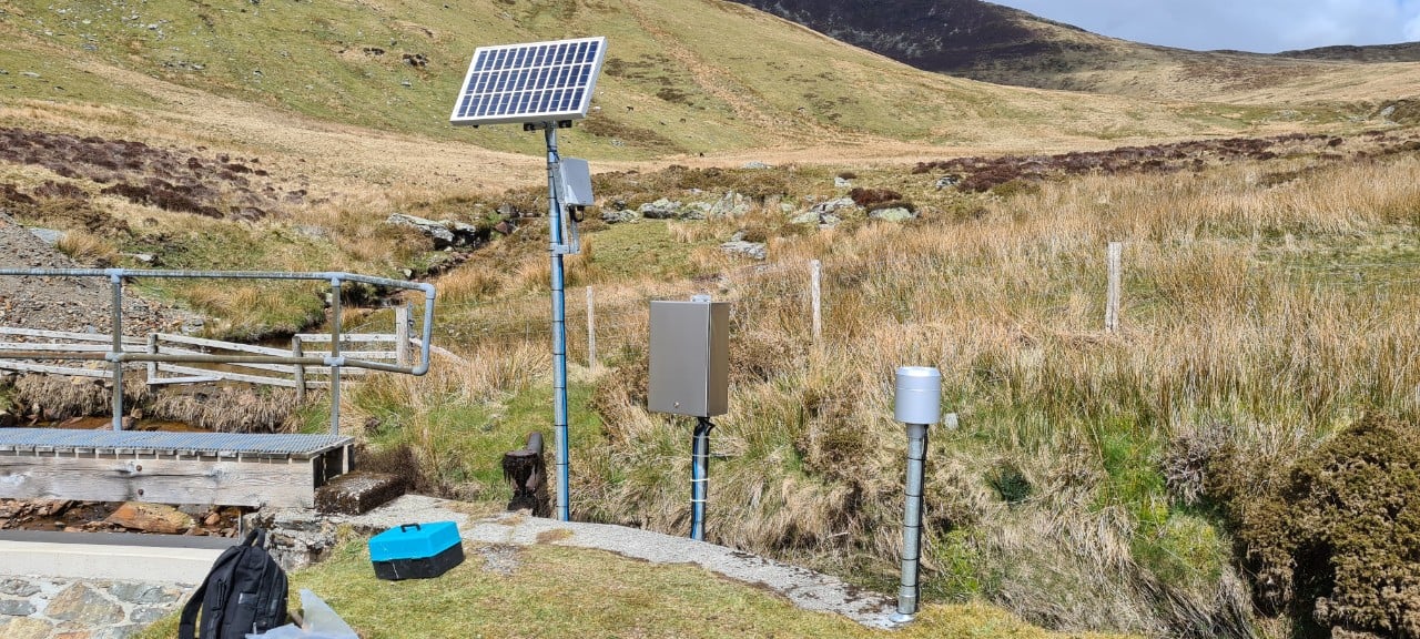 Solar powered satcom terminal in Snowdonia near hyrdrological facility