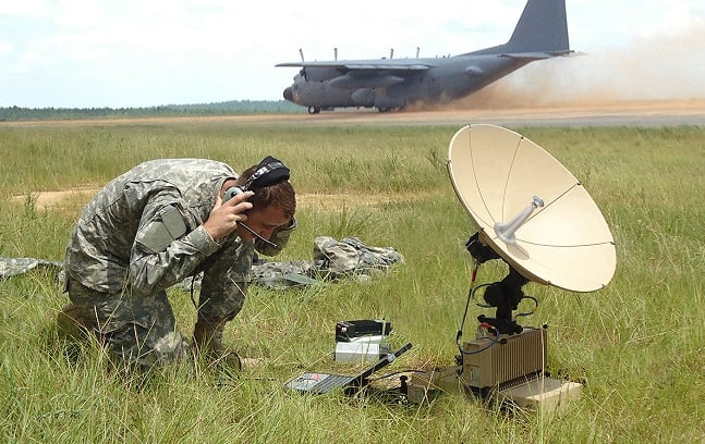 Ka-band Panther terminal in use with C130 on runway in background