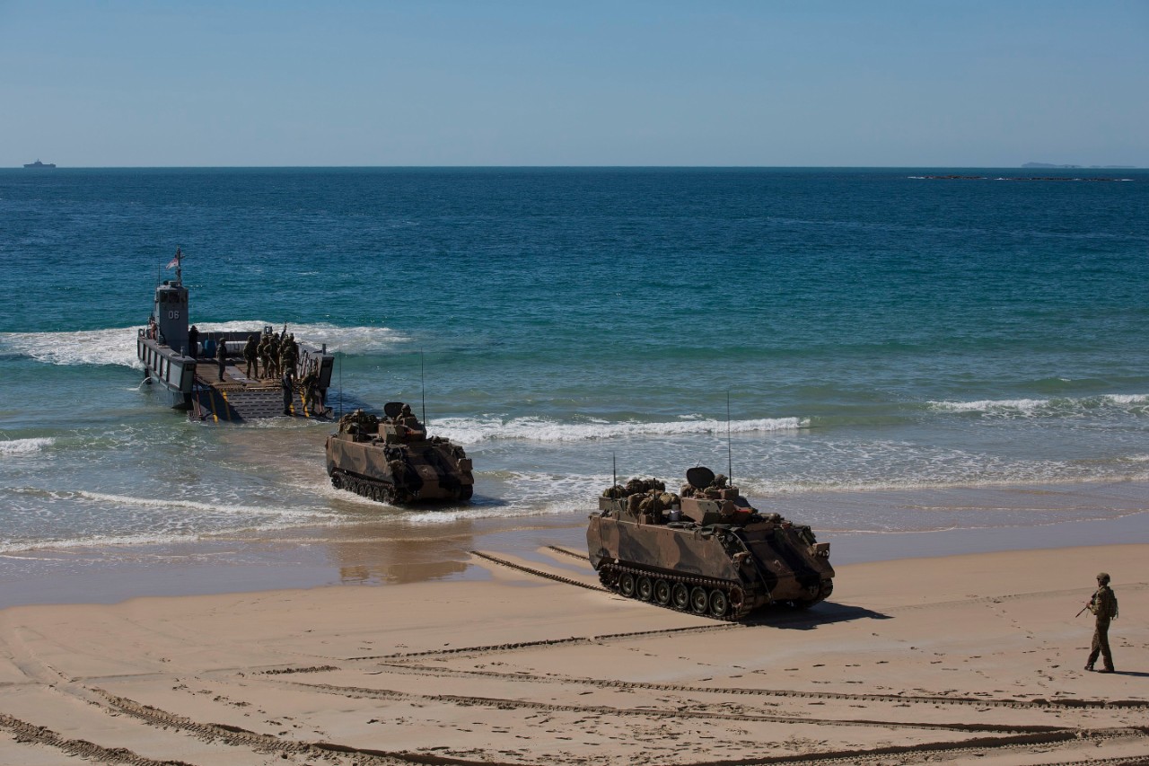 M113s disembarking a LHD Landing Craft during Talisman Sable 2019.