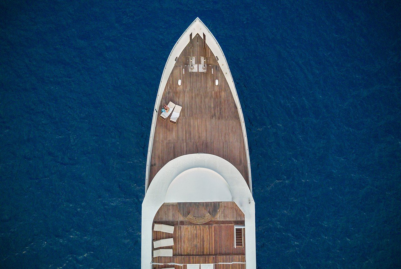 Looking down on the bow of a luxury yacht