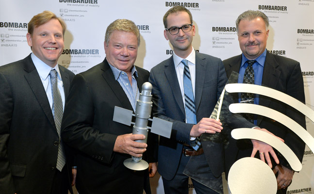 L-R: Kurt Weidemeyer, Inmarsat VP Business Aviation, William Shatner, Jean-Christophe Gallagher, VP Strategy & Marketing, Bombardier Business Aircraft and Jack Jacobs VPGM – Safety & Connectivity, Marketing & Product Management, Honeywell