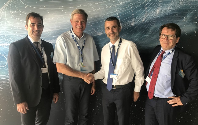 Strategic partners: left to right, Xavier Bertran, VP Head of Upgrades Services, ‎Airbus Group; Leo Mondale, President, Inmarsat Aviation; Laurent Martinez, Head of Business Unit Services, Airbus Group; and Christian Dumas, SVP Commercial, Inmarsat Aviation.