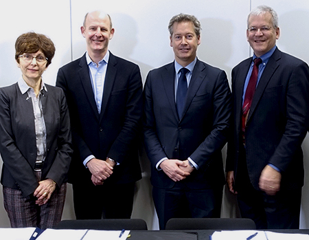 L-R: Magali Vaissiere, Director of TIA (Telecommunications and Integrated Applications), ESA; Rupert Pearce, CEO, Inmarsat; Frederik van Essen, SVP, Strategy & Business Development, Inmarsat Aviation; Peter Hadinger, CTO, Inmarsat.Development, Inmarsat Aviation; Peter Hadinger, CTO, Inmarsat.                          