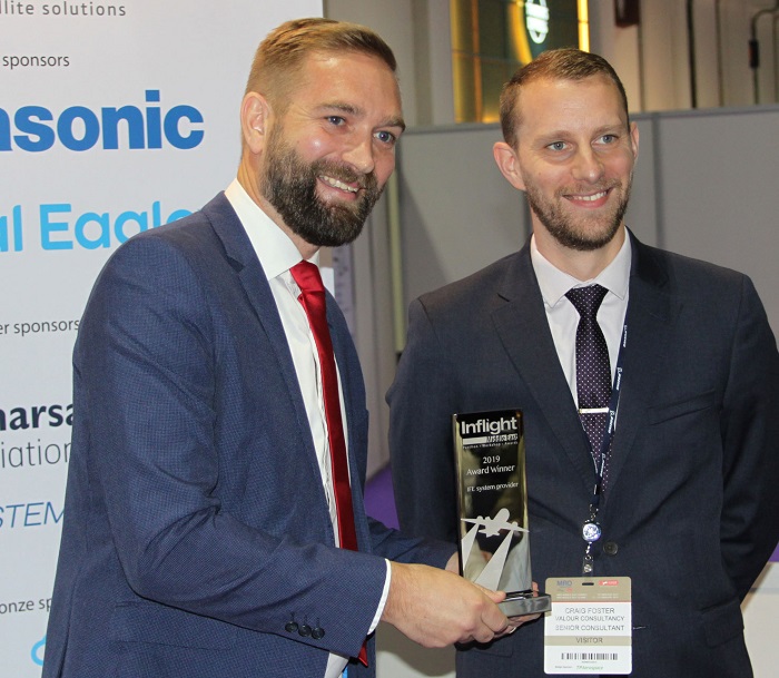 Neale Faulkner, Regional Market Development Director at Inmarsat Aviation, collects Inflight Middle East’s Connectivity Enablement Award in Dubai.