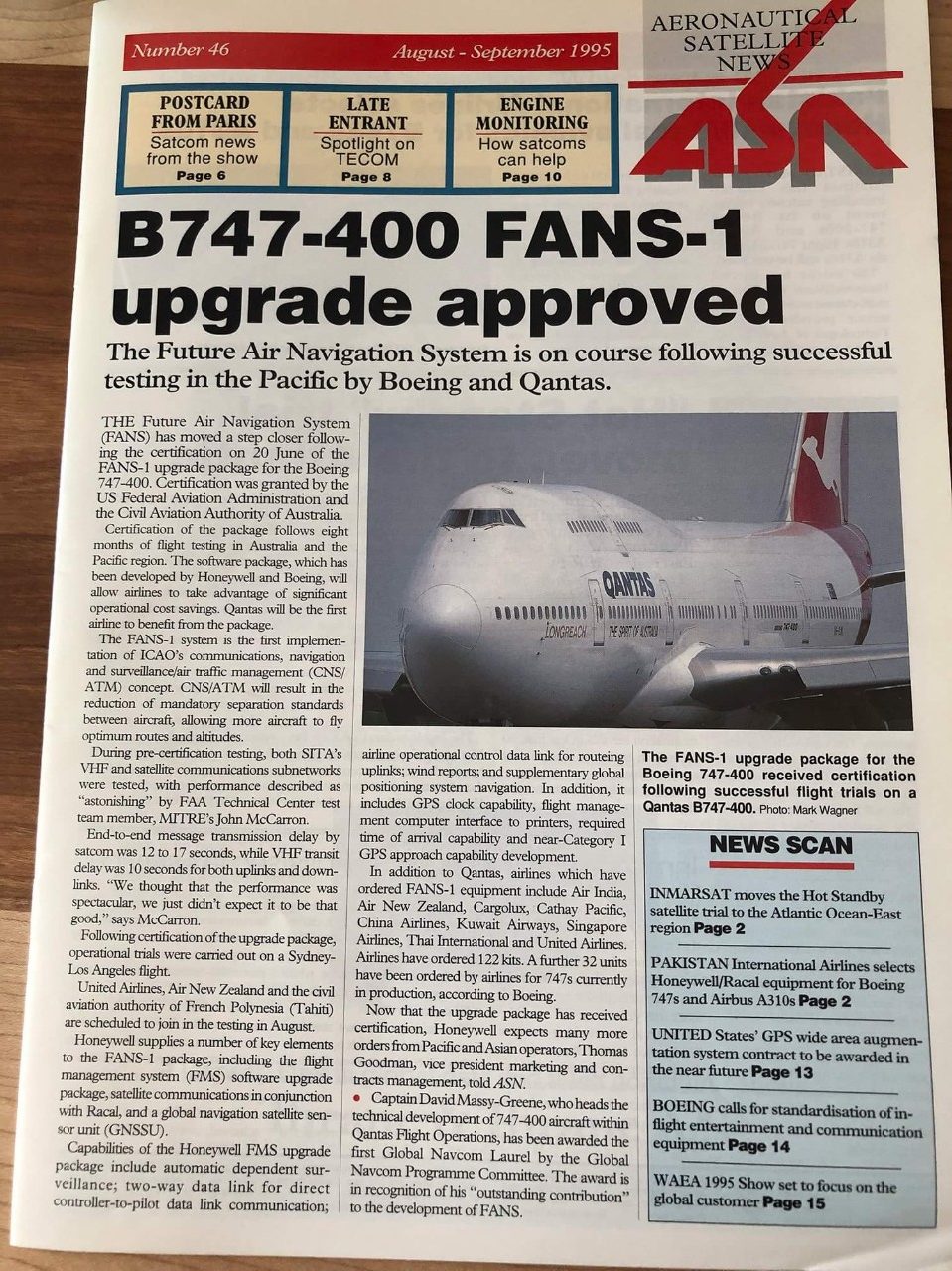 Aeronautical satellite news front cover looking at FANS-1