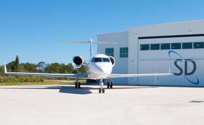 Business jet outside Satcom Direct facility