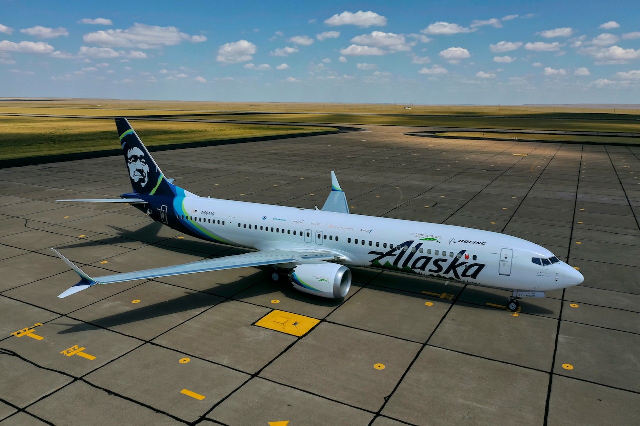 The Boeing 737-9 ecoDemonstrator aircraft in Alaska Airways' livery on an airport apron