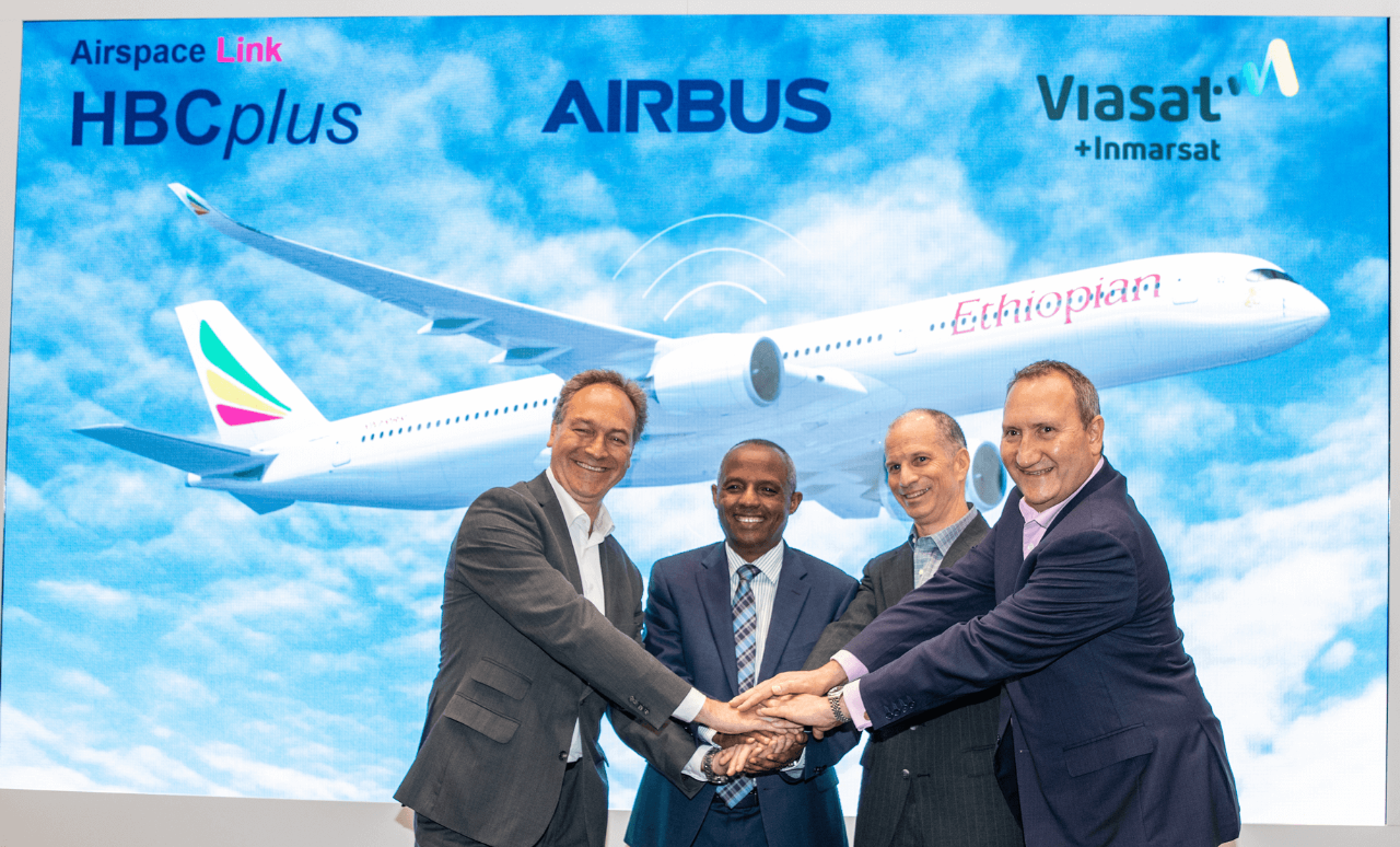 André Schneider, VP Cabin and Cargo Programme, Airbus; Mesfin Tasew, Chief Executive Officer, Ethiopian Airlines; Don Buchman, General Manager and Vice President Commercial Aviation, Viasat; and Niels Steenstrup, President, Aviation, Inmarsat, recently acquired by Viasat, celebrate Ethiopian Airlines selecting GX Aviation via HBCplus. 
