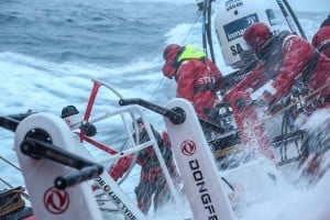 Team Dongfeng on their damaged race boat