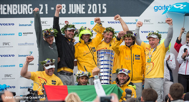 Abu Dhabi Ocean Racing celebrating their victory in the 2014-15 Volvo Ocean Race