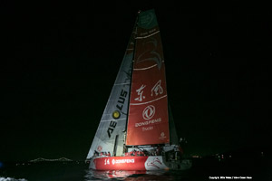 Dongfeng Race Team arrives in Newport, USA at night having won Leg 6 of the Ocean Race,