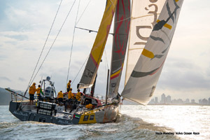 Abu Dhabi Ocean Racing crossing the winning line on Leg 5
