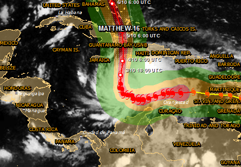 Map showing route of Hurricane Matthew