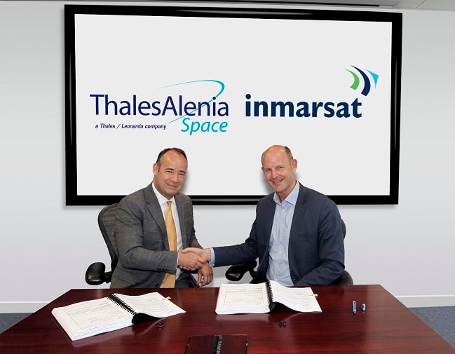 L-R: Jean-Loic Galle, President and CEO of Thales Alenia Space and Rupert Pearce, CEO of Inmarsat, at Inmarsat’s HQ in London to sign the contract for the construction of the fifth Global Xpress satellite.