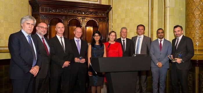 Photo of Inmarsat team receiving the Better Satellite World Award.