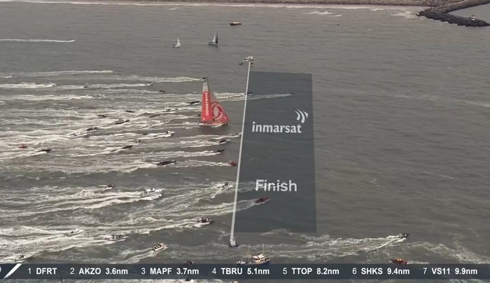 Team Dongfeng crossing the Volvo Ocean Race finish line to win this edition