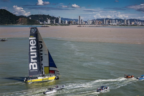 Arrivals of Leg 7 of the Volvo Ocean Race in Itajai, Brazil. Brunel takes first place closely followed by Dongfeng in second. 03 April, 2018.