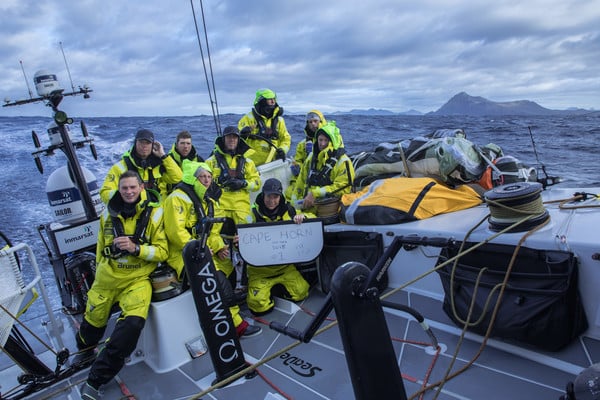 Leg 7 from Auckland to Itajai, day 12 on board Brunel. Brunel first at Cape Horn. Bouwe Bekking, Peter Burling, Andrew Cape, Kyle Langford, Carlo Huisman, Abby Elher, Alberto Bolzan, Thomas Rouxel. 29 March, 2018.
