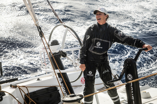 Leg 6 to Auckland, day 09 on board Dongfeng. 15 February 2018. Carolijn Brouwer smiling after a Kevin Escoffier's joke. Credit: Martin Keruzore/Volvo Ocean Race