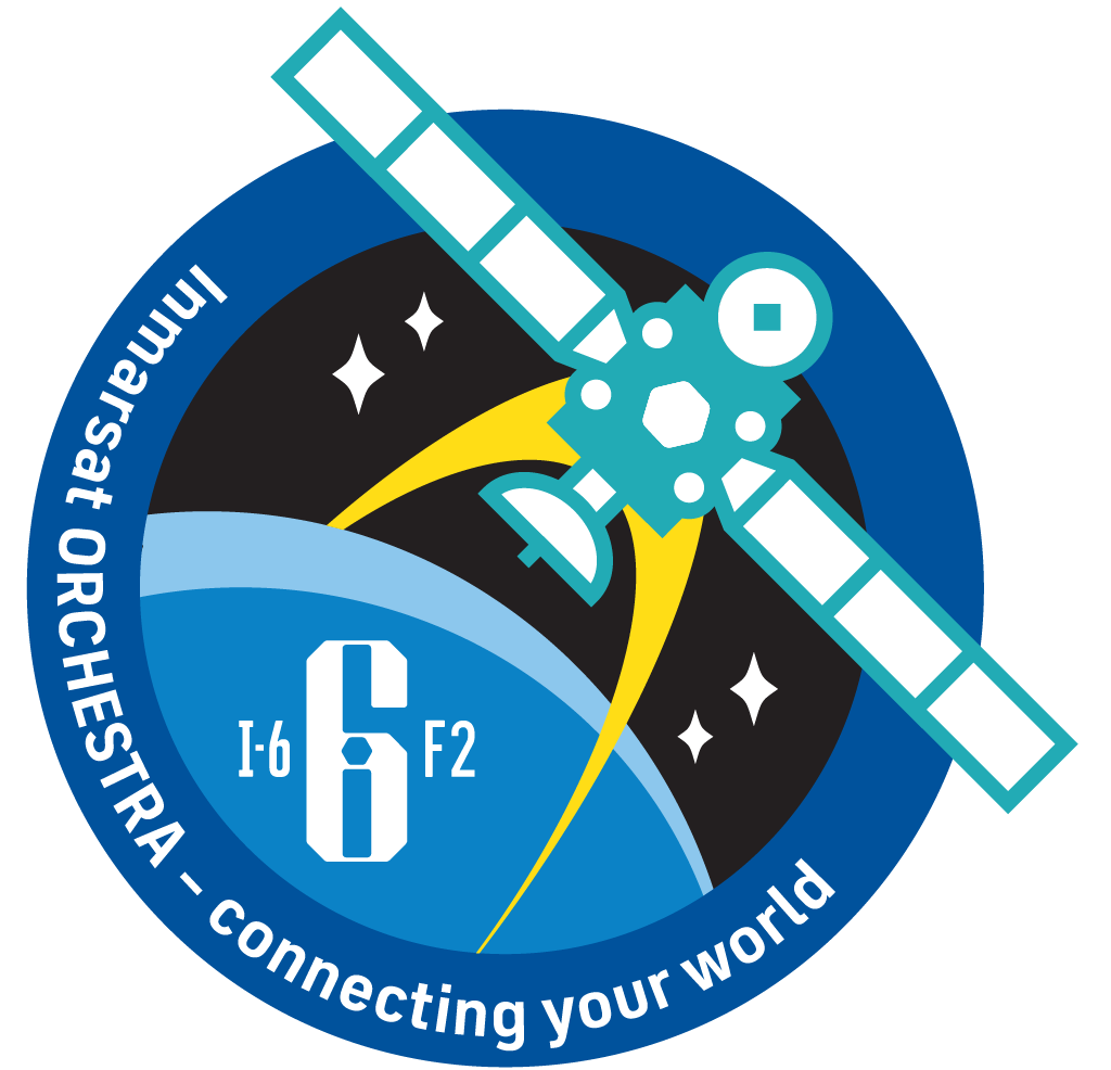 circular blue patch with a satellite and wording 