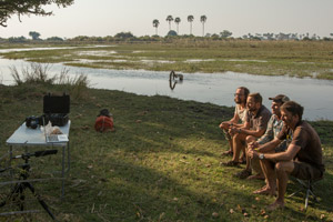 The team using Inmarsat connectivity for a Google Hangout session allowing school children to question them about their expedition. 