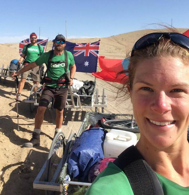 Team Essence reaching the finishing point for their Gobi desert challenge