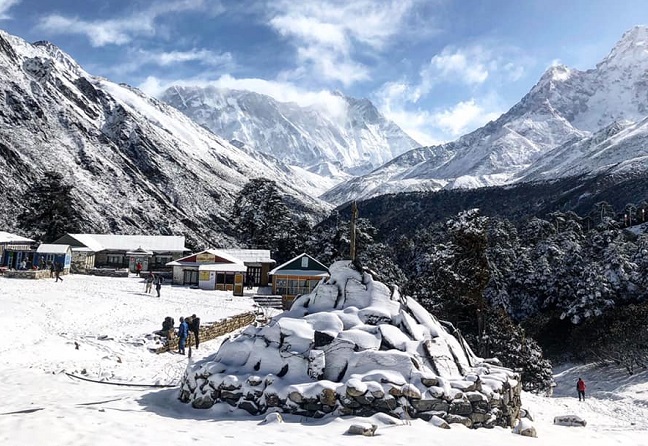 Photo showing the camp in the Himalayas covered in snow shared by Mark Wood