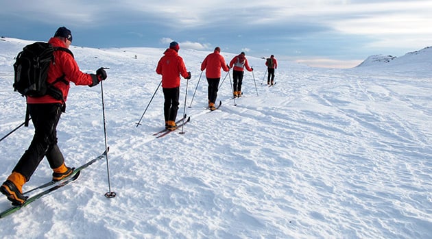 The 65 Degrees North expedition team on skis moving across snow and ice