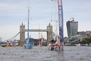 Clipper race fleet by Tower Bridge in London
